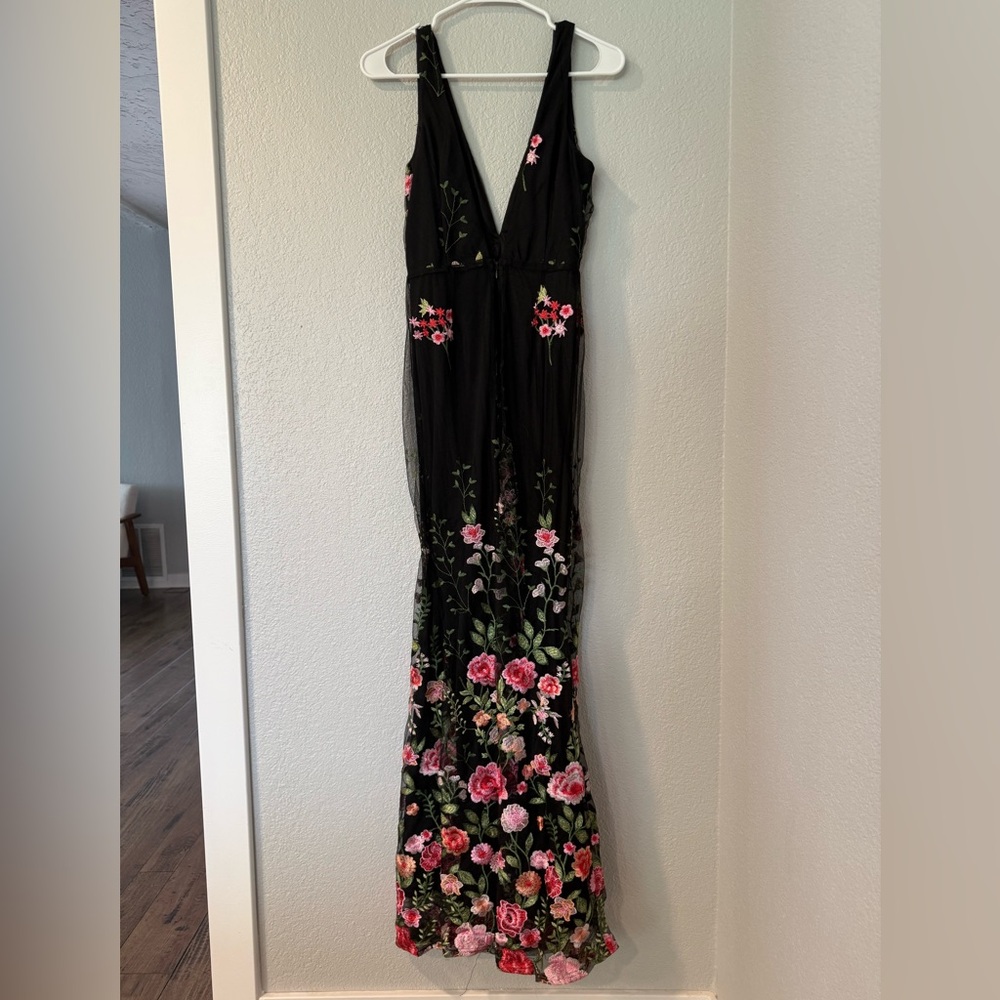 Lulu's Soirée Blossom Black Floral Embroidered Mermaid Maxi Dress - Picture 3 of 3